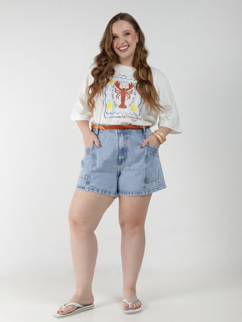 Short Jeans Bolso Frontal Plus Size Feminino AZUL