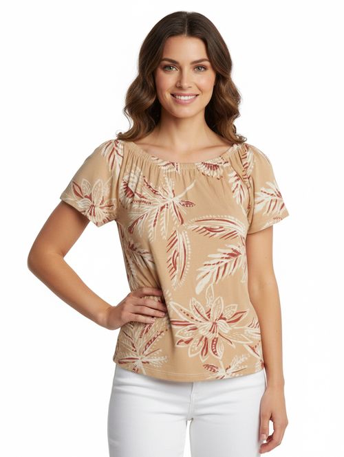 Blusa Ciganinha Malha Floral Feminina BEGE