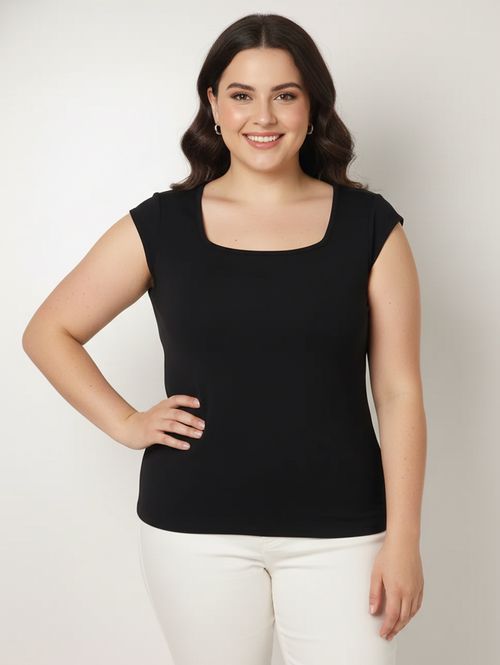 Blusa Crepe Decote Quadrado Plus Size Feminina PRETO