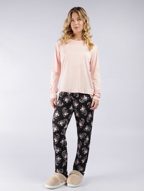 Pijama Longo Polybrush Feminino ROSA/PRETO