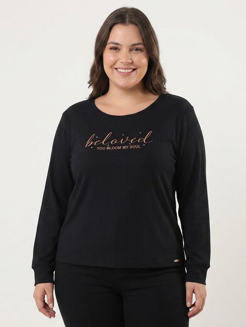 Blusa Manga Longa Canelada Plus Size Feminina PRETO
