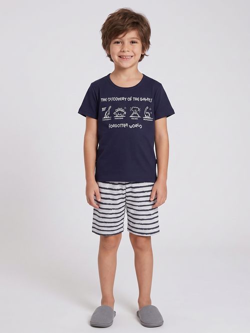 Pijama Curto Listrado Infantil Para Menino - MARINHO