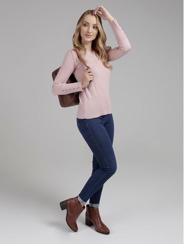 Blusa de Tricot Decote V Feminina Rose