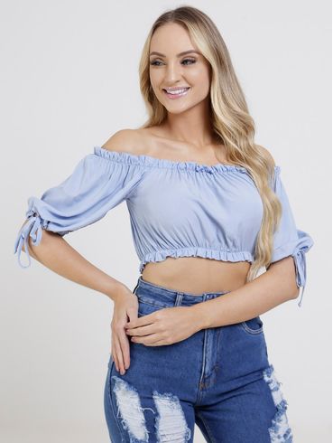 Blusa Cropped Ciganinha Feminina Azul