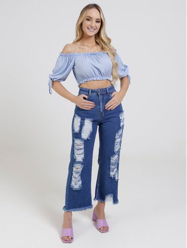 Blusa Cropped Ciganinha Feminina Azul