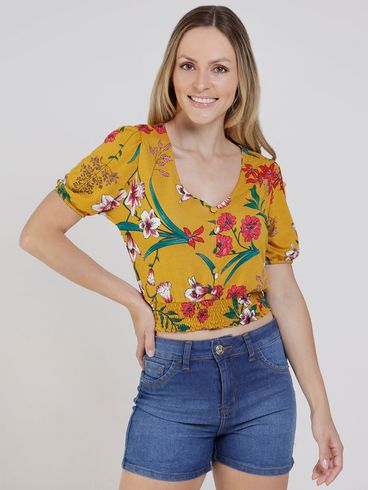 Blusa Cropped Floral Feminina Amarelo