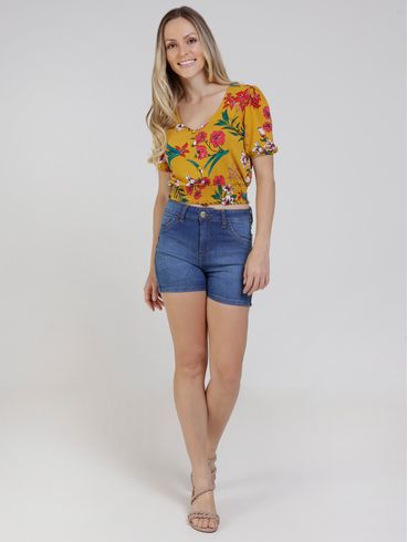 Blusa Cropped Floral Feminina Amarelo