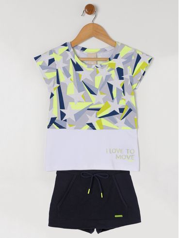 Conjunto com Short Saia Infantil Para Menina - Amarelo/Azul Marinho