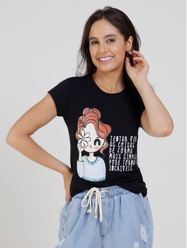 Blusa Manga Curta Feminina Preto