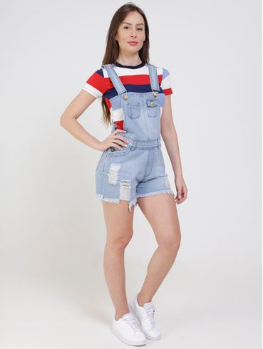 Macacão Jardineira Jeans Destroyed Feminino Azul