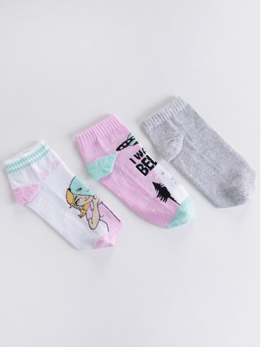 Kit com 03 Meias Juvenil Para Menina - Branco/Rosa/Cinza