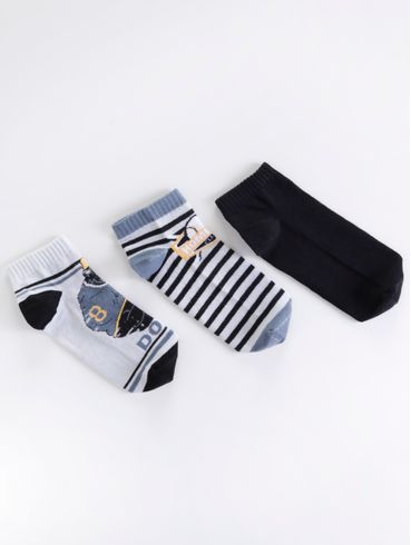 Kit com 03 Meias Juvenil Para Menino - Preto/Cinza/Offwhite