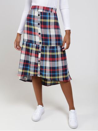 Saia Midi Xadrez Autentique Feminina Azul