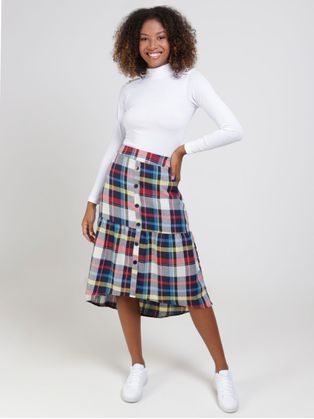 Saia Midi Xadrez Autentique Feminina Azul