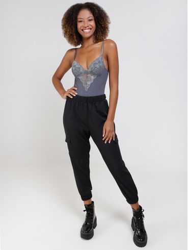 Body Canelado com Renda Feminino Cinza