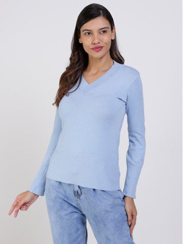 Blusa de Tricot Decote V Feminina Azul