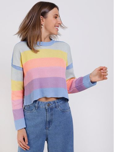 Blusa de Tricot Cropped Color Block Feminina Azul
