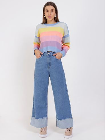 Blusa de Tricot Cropped Color Block Feminina Azul