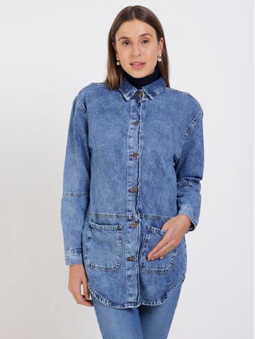 Jaqueta Jeans Alongada Feminina Azul