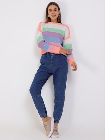 Blusa de Tricot Cropped Color Block Feminina Rose