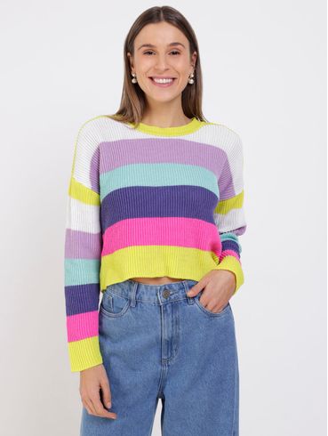 Blusa de Tricot Cropped Color Block Feminina Amarelo