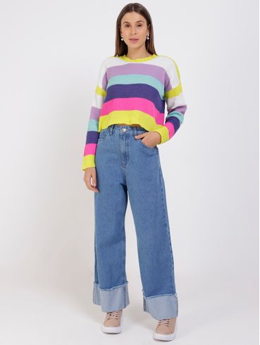 Blusa de Tricot Cropped Color Block Feminina Amarelo
