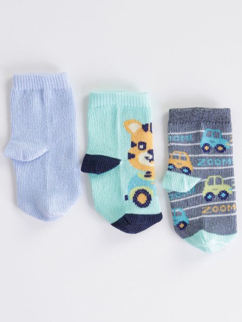 Kit com 03 Meias Infantil Para Bebê- Cinza/Azul/Verde