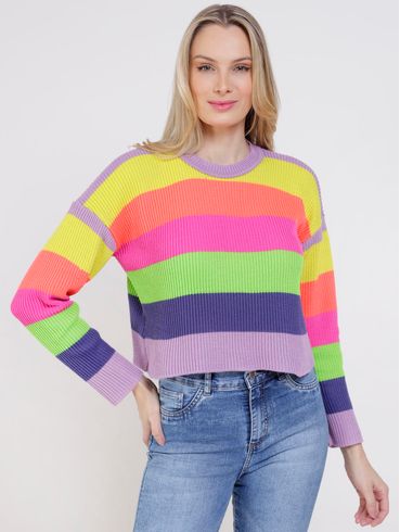 Blusa de Tricot Cropped Color Block Feminina Lilás