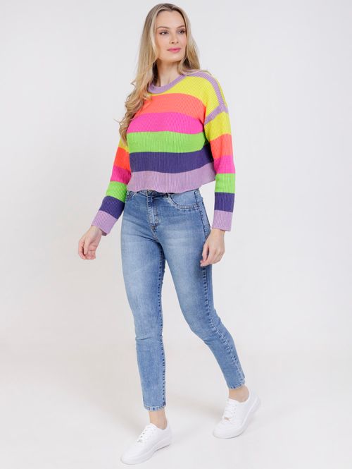 Blusa de Tricot Cropped Color Block Feminina Lilás