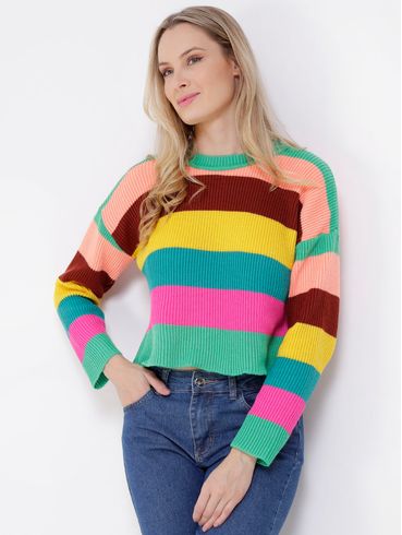 Blusa de Tricot Cropped Color Block Feminina Verde