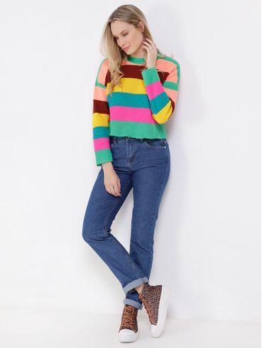 Blusa de Tricot Cropped Color Block Feminina Verde