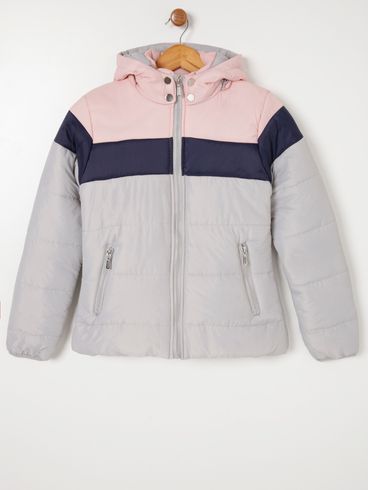 Jaqueta Puffer com Capuz Juvenil Para Menina - Cinza