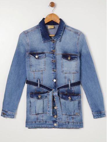 Jaqueta Jeans Alongada com Cinto Feminina Azul