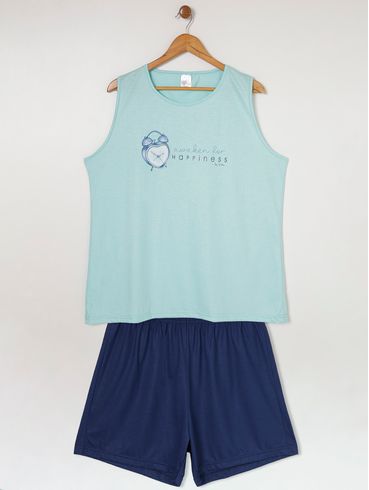 Pijama Plus Size Feminino Verde/Azul Marinho