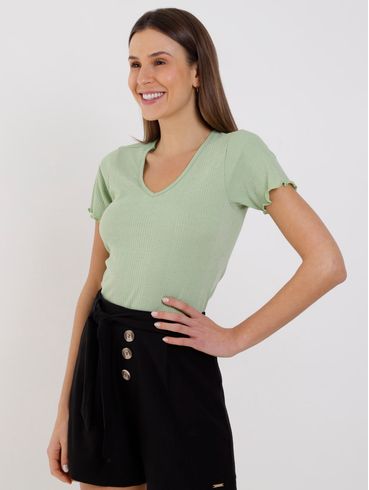 Blusa Canelada Manga Curta Feminina Verde