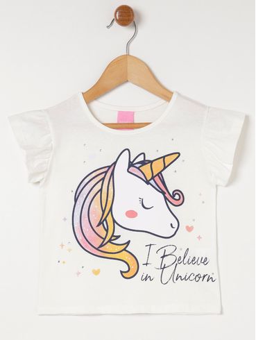 Blusa Manga Curta Unicórnio Infantil Para Menina - Off white