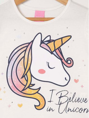 Blusa Manga Curta Unicórnio Infantil Para Menina - Off white