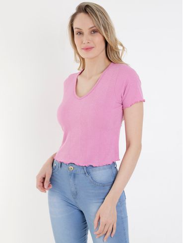 Blusa Canelada Manga Curta Feminina Rosa