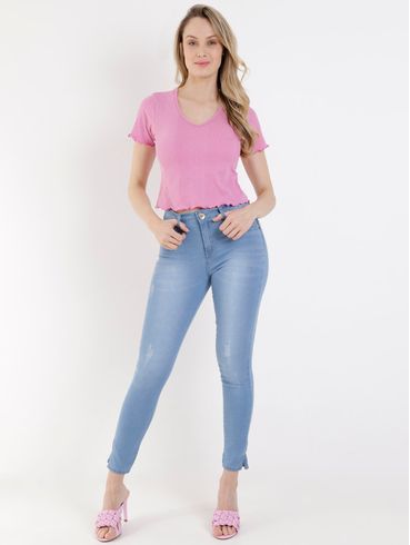 Blusa Canelada Manga Curta Feminina Rosa