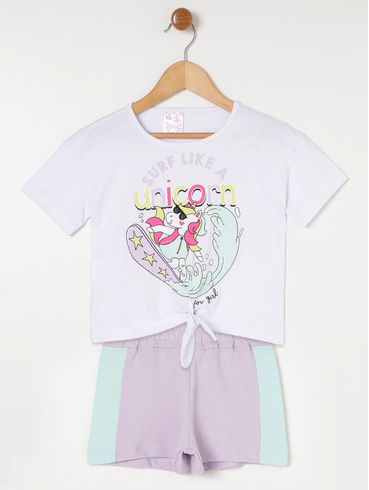 Conjunto Curto Infantil Para Menina - Branco/Lilás