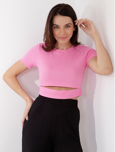 Blusa Cropped Manga Curta Feminina Rosa