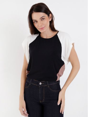 Blusa Manga Curta Tricolor Feminina Preto