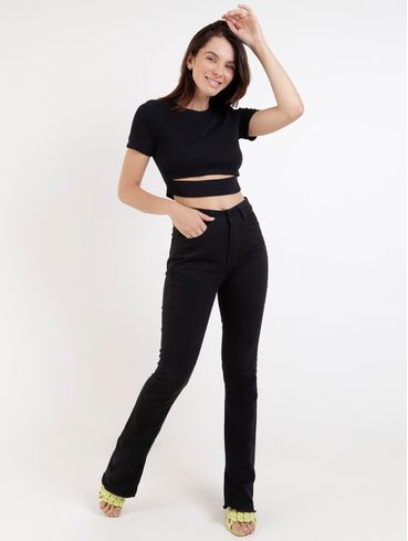 Blusa Cropped Manga Curta Feminina Preto