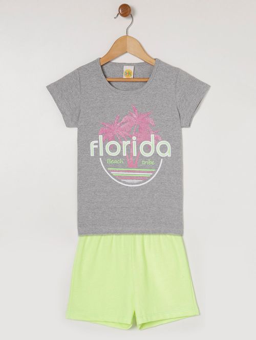 Conjunto Short Cotton Juvenil Para Menina - Cinza