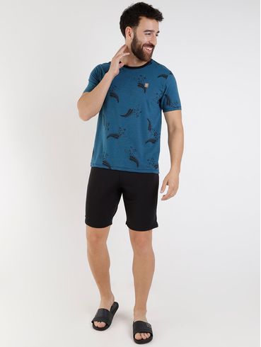 Camiseta Manga Curta Estampada Masculina Azul