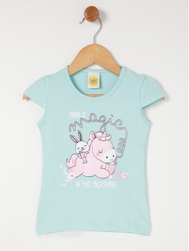 Blusa Cotton Manga Curta Infantil Para Menina - Verde