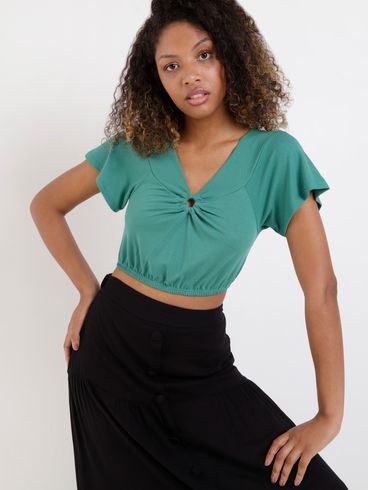 Blusa Cropped Manga Curta Feminina Verde