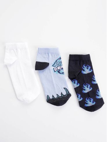 Kit com 03 Meias Juvenil Para Menino - Azul/Branco/Marinho