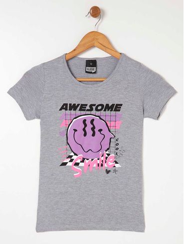 Blusa Manga Curta Juvenil Para Menina - Cinza