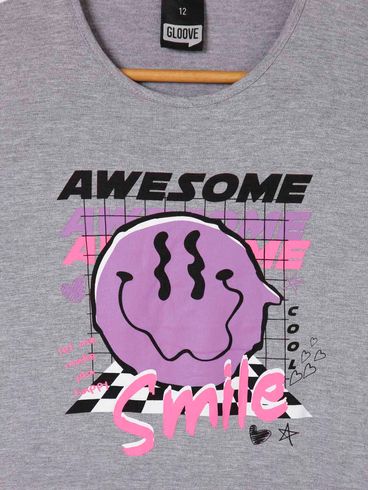 Blusa Manga Curta Juvenil Para Menina - Cinza